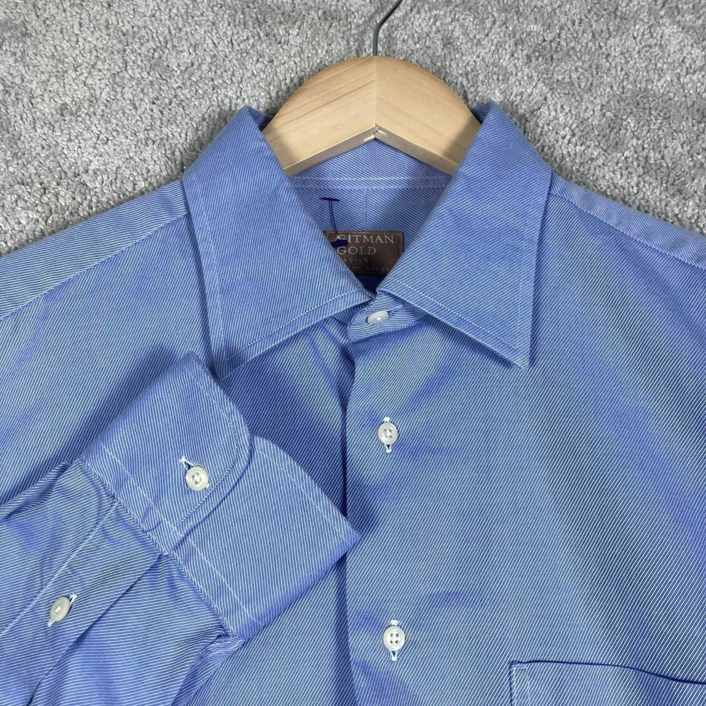 Gitman Gold Mens Blue Striped Cotton Dress Shirt 16.5 34 Made in USA Vintage